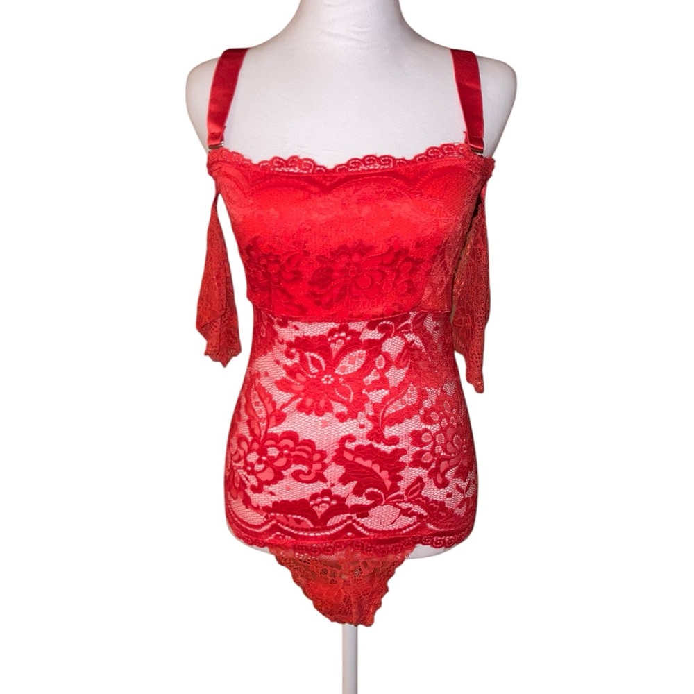 Red Floral Lace Off-The-Shoulder Bodysuit Small New!